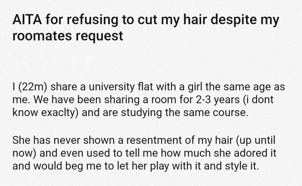 AITA For Refusing To Cut My Hair despite My Roomates Request