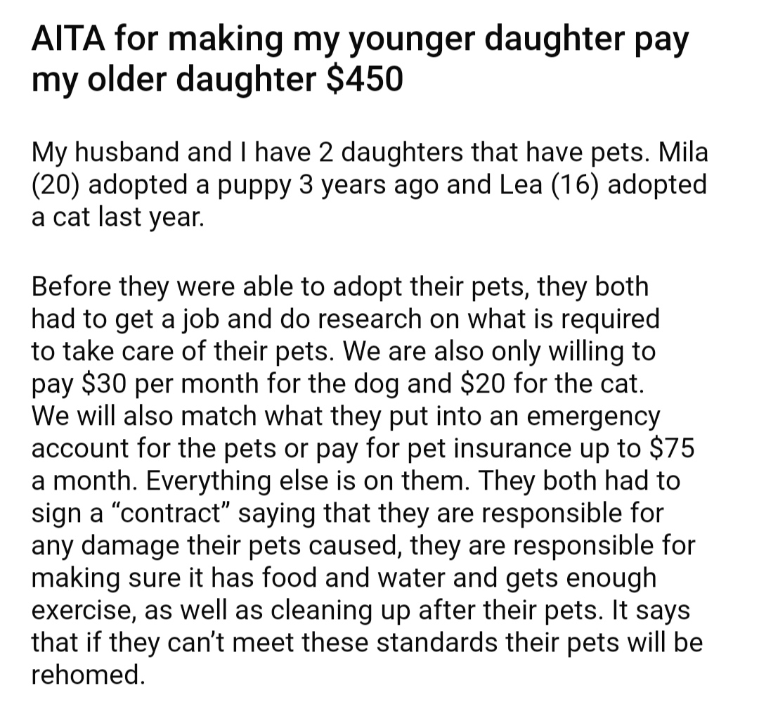 AITA For Making My Younger Daughter Pay My Older Daughter 450