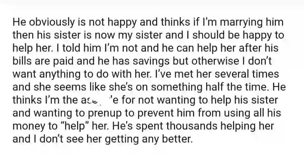 AITA For Wanting A Prenup Because Of My Bf’s Sister